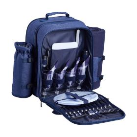 Outdoor Camping Picnic Backpack Bag with Tableware for 4 Person (Color: Blue, Type: Picnic Backpacks)